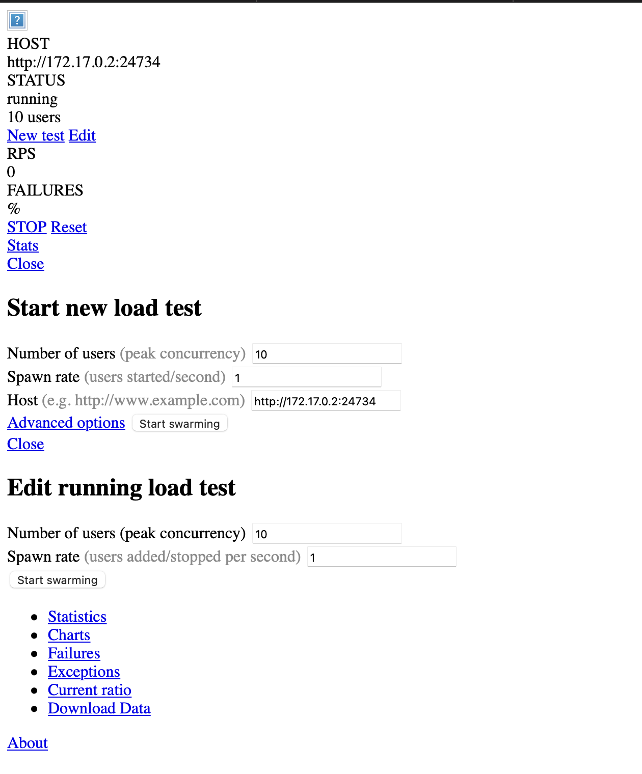Screen capture of loadgenerator UI Screen capture of loadgenerator UI